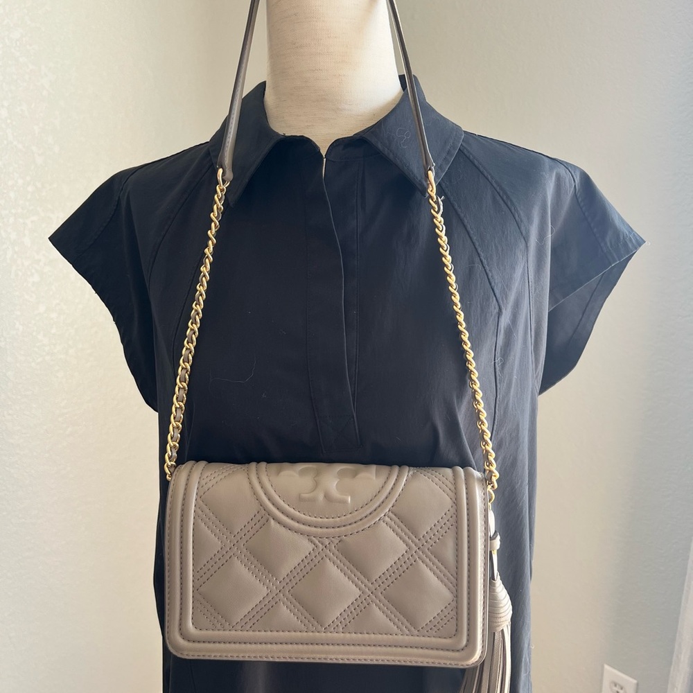 Tory Burch Fleming Quilted Taupe Leather Crossbody with Gold Chain